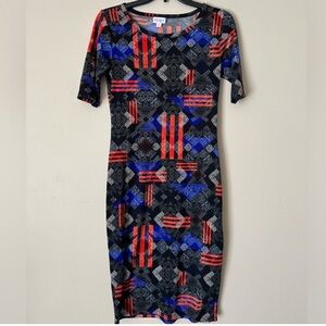 LuLaRoe Geometric Midi Dress in Black, Red & Blue
